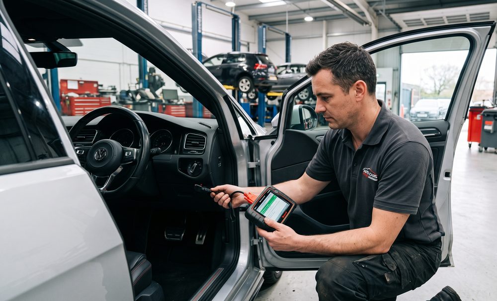 A technician reading fault codes with an OBD-II scan tool